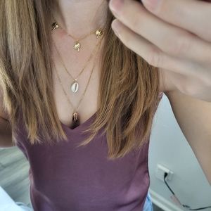 Cowrie + palm trees beachy tropical 3 tier layered necklace in gold